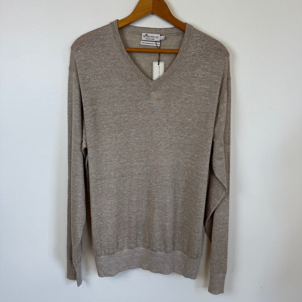 Peter Millar Crown Cool L Tan V Neck Merino Linen Sweater Golf Summer Dad